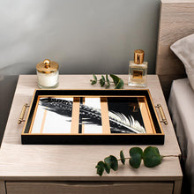 Black & Gold Feather Glass Serving Tray with Gold Handles