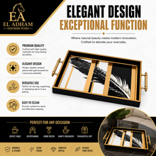 Black & Gold Feather Glass Serving Tray with Gold Handles