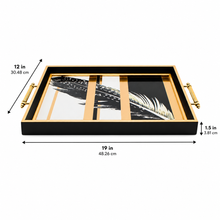 Black & Gold Feather Glass Serving Tray with Gold Handles