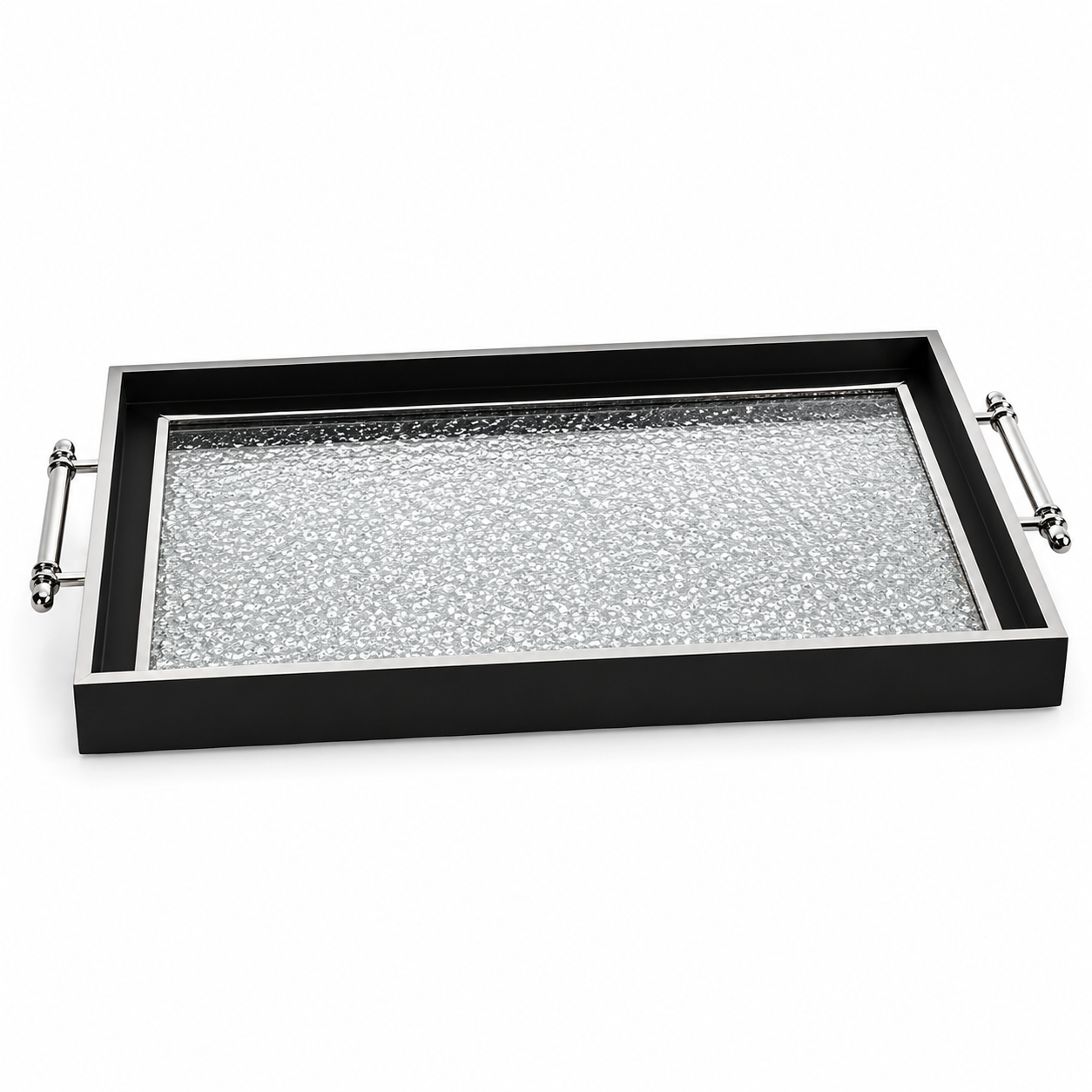 Black & Silver Glitter Glass Serving Tray with Chrome Handles