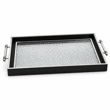Black & Silver Glitter Glass Serving Tray with Chrome Handles