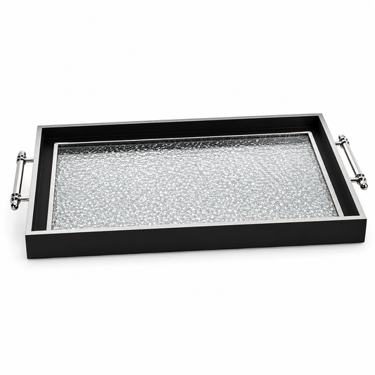Black & Silver Glitter Glass Serving Tray with Chrome Handles