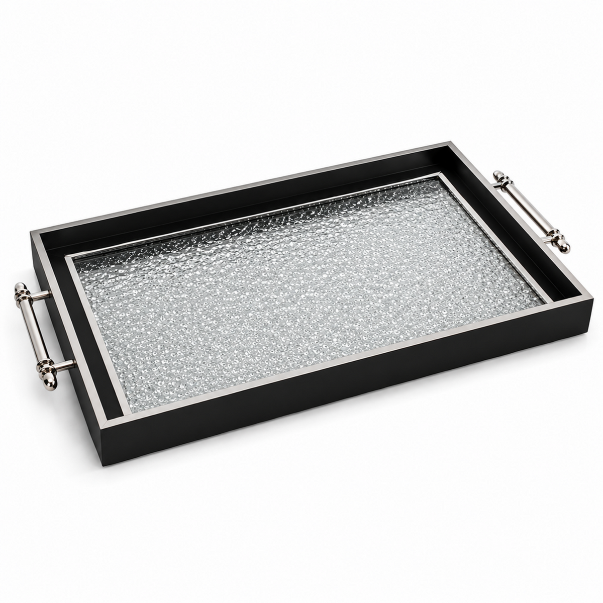 Black & Silver Glitter Glass Serving Tray with Chrome Handles – 18.75 Inch Rectangular Decorative Tray