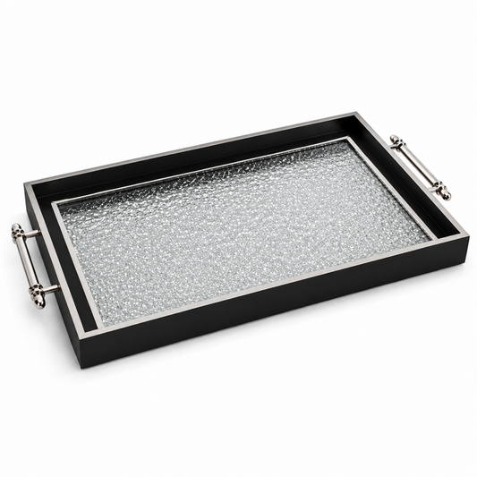 Black & Silver Glitter Glass Serving Tray with Chrome Handles – 18.75 Inch Rectangular Decorative Tray
