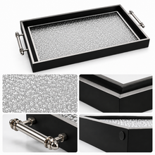 Black & Silver Glitter Glass Serving Tray with Chrome Handles