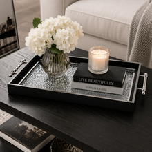 Black & Silver Glitter Glass Serving Tray with Chrome Handles