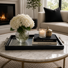 Black & Silver Glitter Glass Serving Tray with Chrome Handles