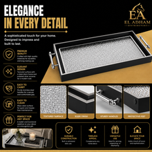 Black & Silver Glitter Glass Serving Tray with Chrome Handles
