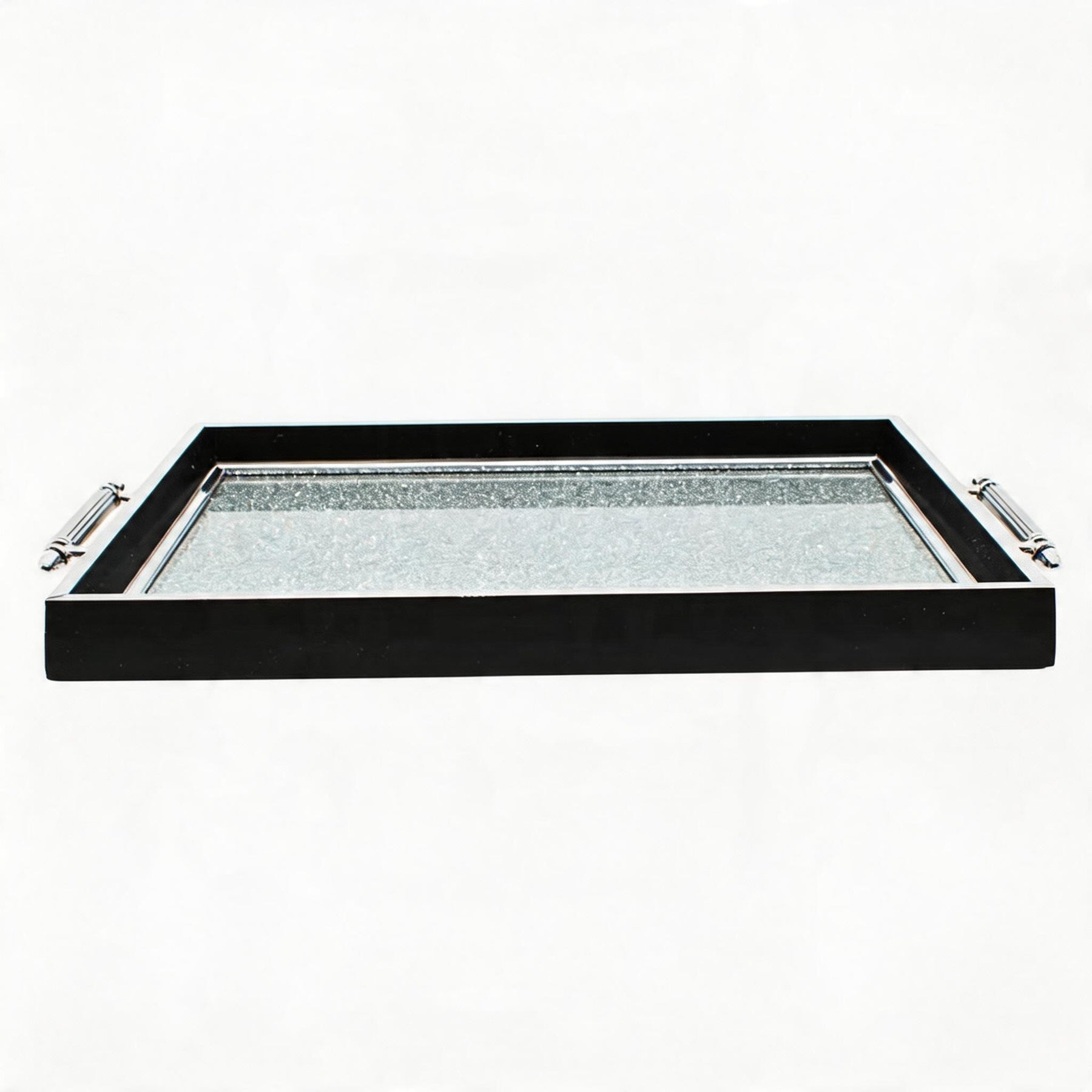 Black & Silver Glitter Glass Serving Tray with Chrome Handles