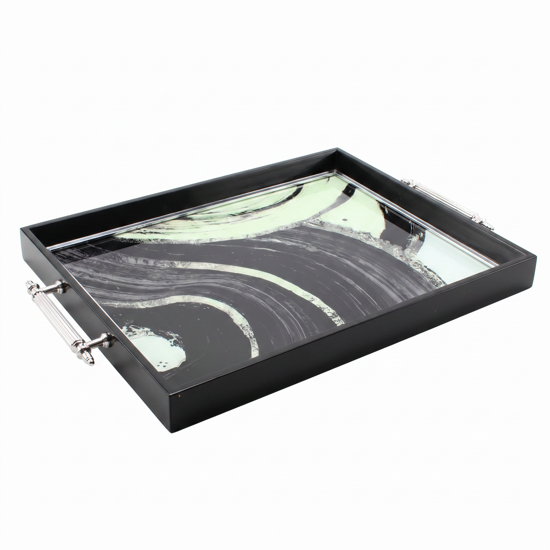 Black & White Abstract Glass Serving Tray with Chrome Handles