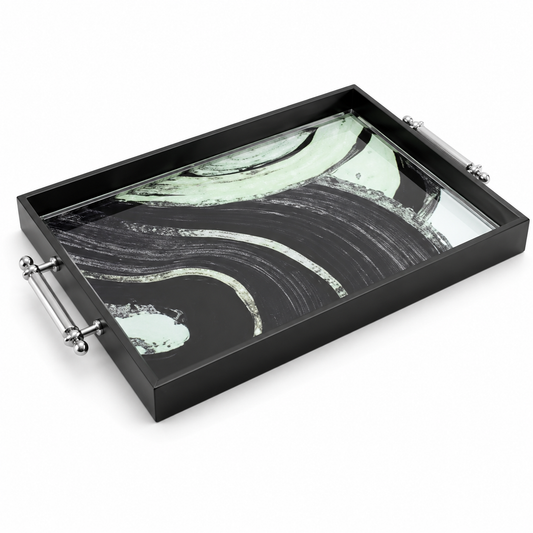 Black & White Abstract Glass Serving Tray with Chrome Handles