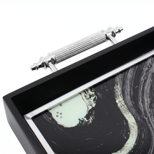Black & White Abstract Glass Serving Tray with Chrome Handles