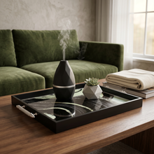 Black & White Abstract Glass Serving Tray with Chrome Handles