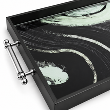 Black & White Abstract Glass Serving Tray with Chrome Handles