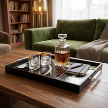 Black & White Abstract Glass Serving Tray with Chrome Handles