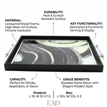 Black & White Abstract Glass Serving Tray with Chrome Handles