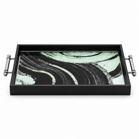 Black & White Abstract Glass Serving Tray with Chrome Handles - 19" x 12" x 1.5"