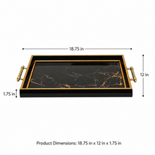 Black Marble Effect Serving Tray with Gold Handles – Rectangular Decorative Tray, 18.75" x 12" x 1.75"