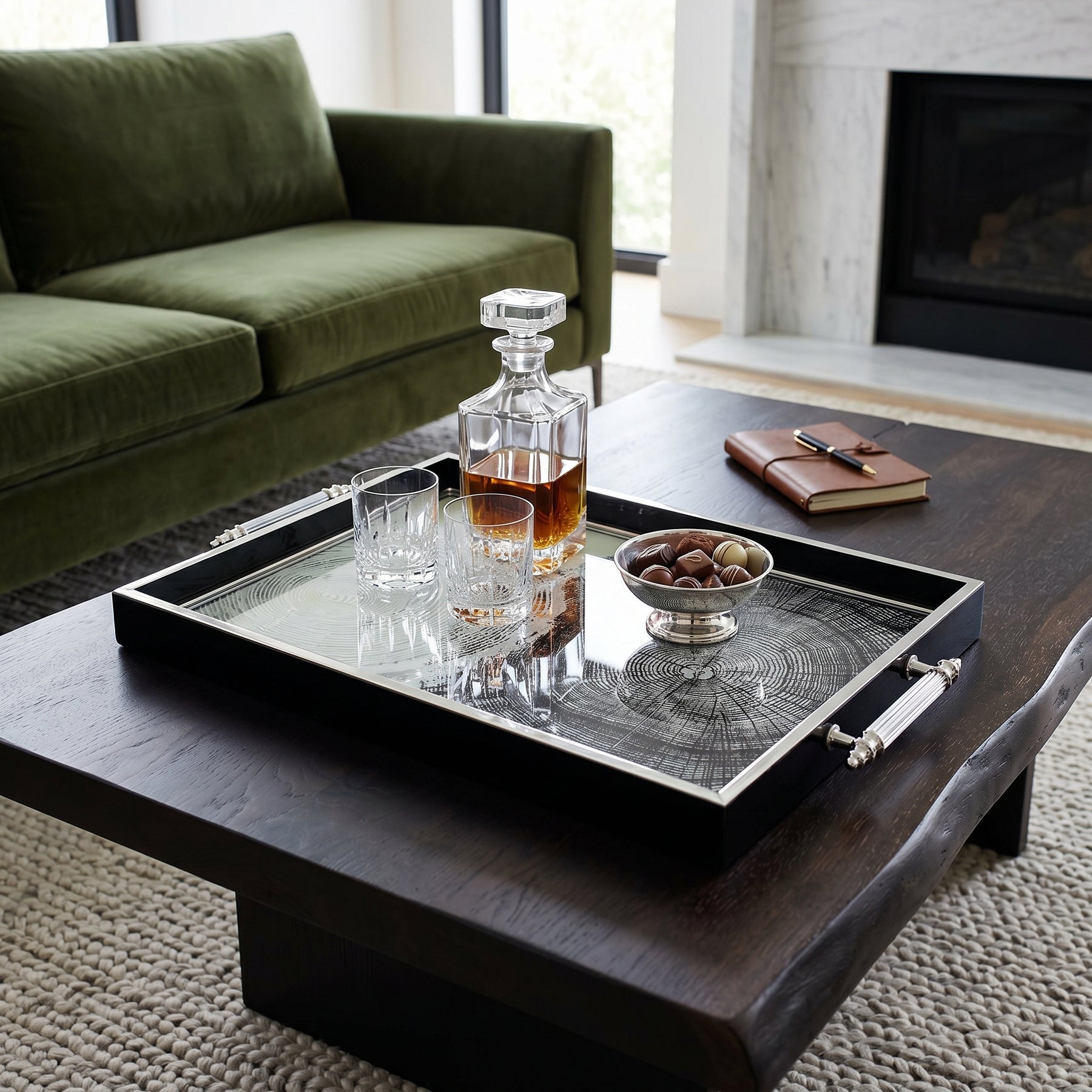 Modern Black & Silver Thumbprint Serving Tray with Chrome Handles