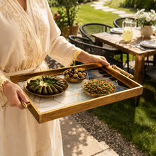 Gold Geometric Decorative Serving Tray with Navy Blue Accents & Side Handles – 19 Inch