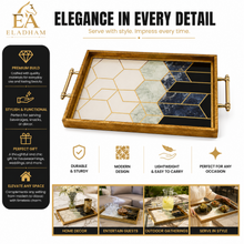 Gold Geometric Decorative Serving Tray with Navy Blue Accents & Side Handles – 19 Inch