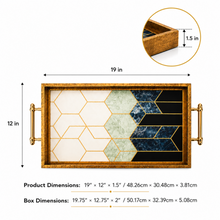 Gold Geometric Decorative Serving Tray with Navy Blue Accents & Side Handles – 19 Inch