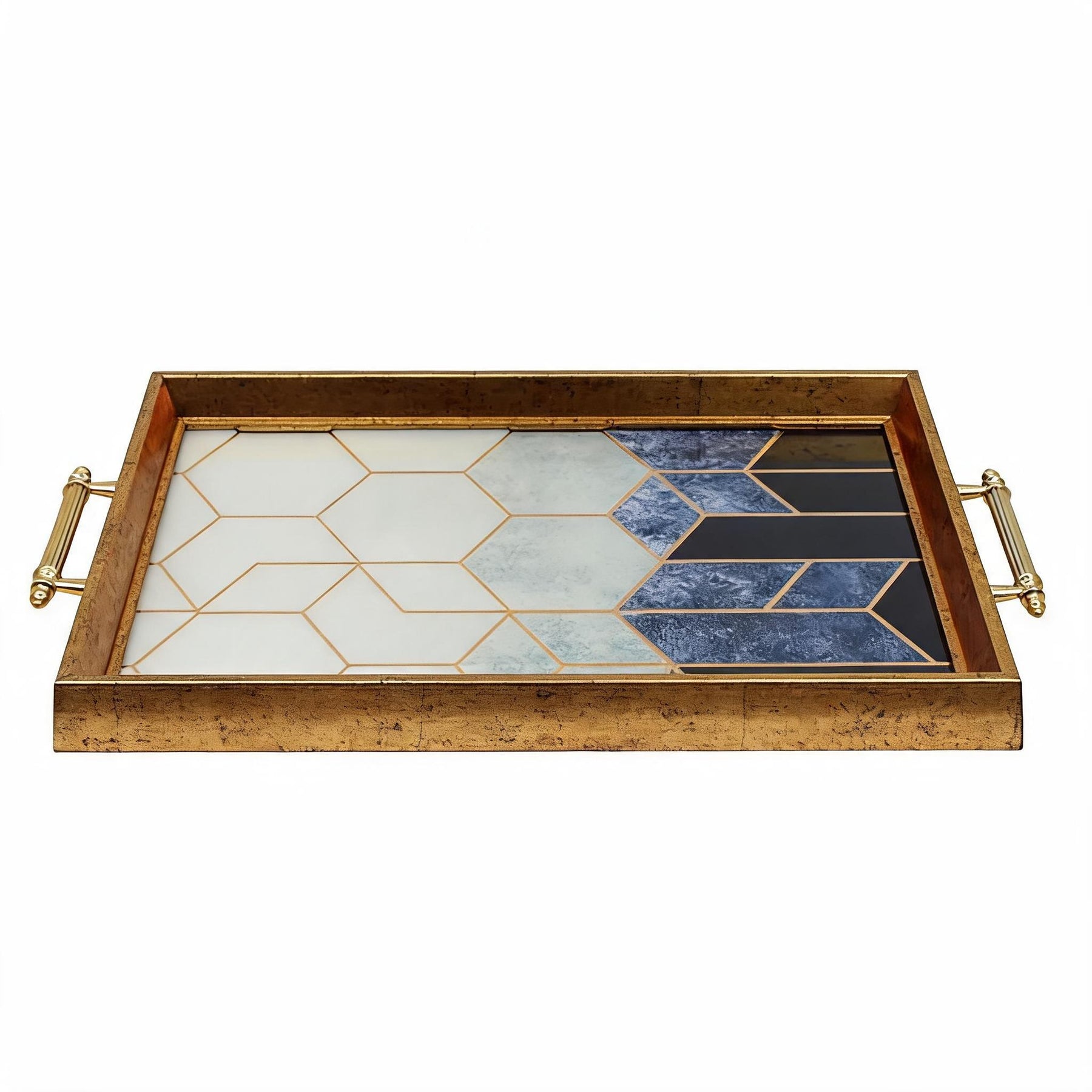 Gold Geometric Decorative Serving Tray with Navy Blue Accents