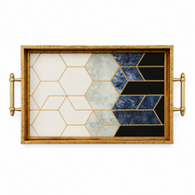 Gold Geometric Decorative Serving Tray with Navy Blue Accents & Side Handles – 19 Inch