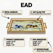 Gold Framed Decorative Serving Tray with Hand-Painted Bird Artwork