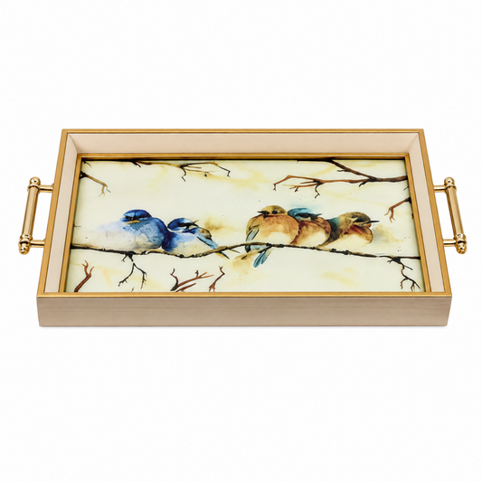 Gold Framed Decorative Serving Tray with Hand-Painted Bird Artwork and Side Handles, 18.75" x 12" x 1.75"