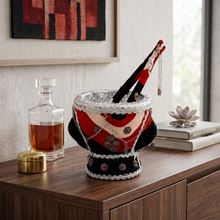 Traditional Yemeni Mabkhara Incense Burner with Decorative Tongs - Red, Black & White