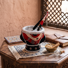 Traditional Yemeni Mabkhara Incense Burner with Decorative Tongs - Red, Black & White