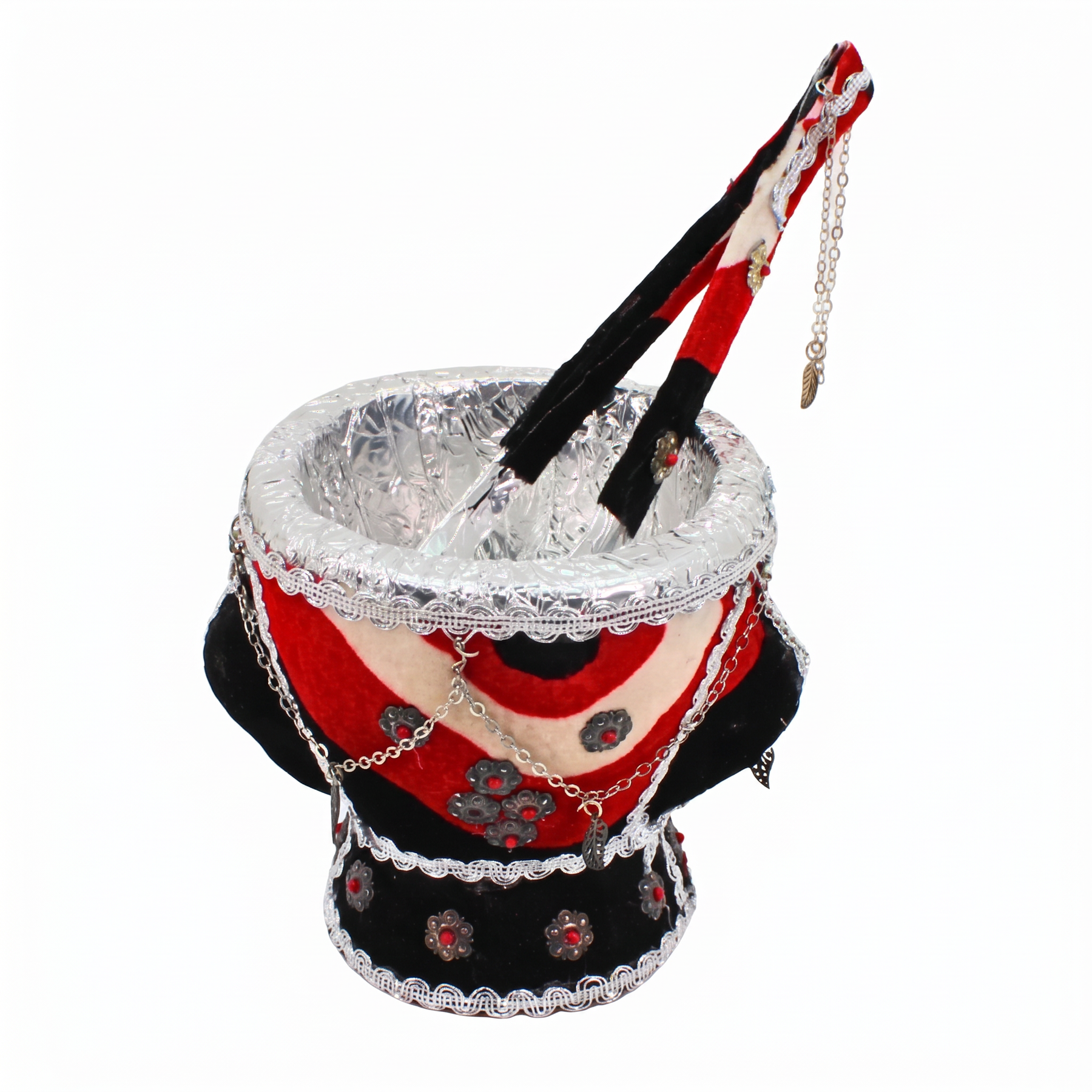 Traditional Yemeni Mabkhara Incense Burner with Decorative Tongs - Red, Black & White