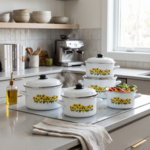 Al-Awdi Enamel Cookware Pot Set with Lids - Traditional White Yemeni Design (10-Piece Set)