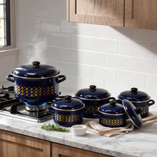 Al-Awdi Enamel Cookware Pot Set with Lids - Traditional Blue Yemeni Design (10-Piece Set)