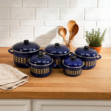Al-Awdi Enamel Cookware Pot Set with Lids - Traditional Blue Yemeni Design (10-Piece Set)