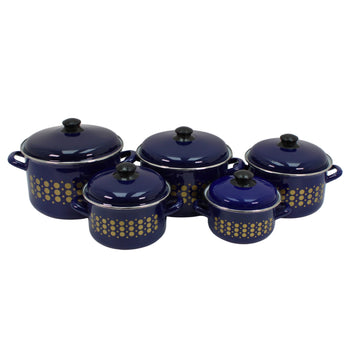 Al-Awdi Enamel Cookware Pot Set with Lids - Traditional Blue Yemeni Design (10-Piece Set)