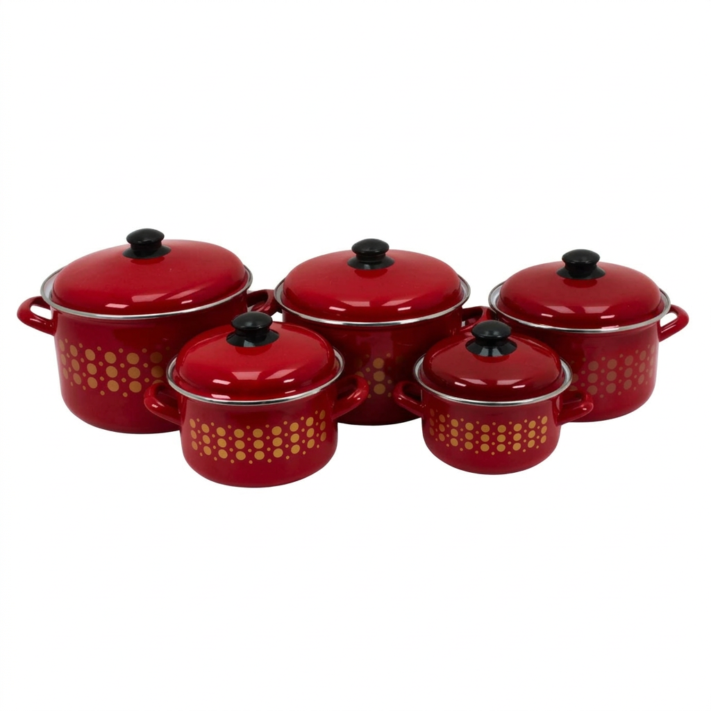 Al-Awdi Enamel Cookware Pot Set with Lids - Traditional Red Yemeni Design (10-Piece Set)