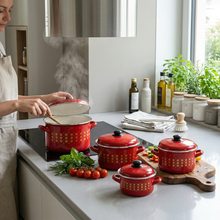 Al-Awdi Enamel Cookware Pot Set with Lids - Traditional Red Yemeni Design (10-Piece Set)