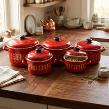 Al-Awdi Enamel Cookware Pot Set with Lids - Traditional Red Yemeni Design (10-Piece Set)