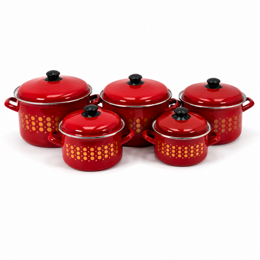 Al-Awdi Enamel Cookware Pot Set with Lids - Traditional Red Yemeni Design (10-Piece Set)