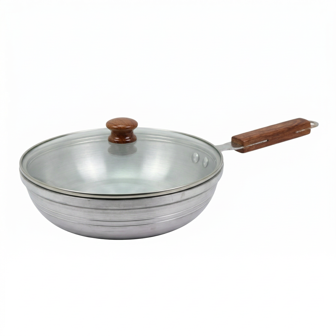 Aluminum Frying Pan with Glass Lid & Wooden Handle - 10.5''