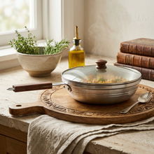 Aluminum Frying Pan with Glass Lid & Wooden Handle - 10.5''