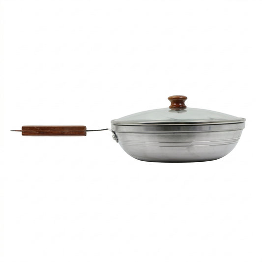 Aluminum Frying Pan with Glass Lid & Wooden Handle - 10.5''