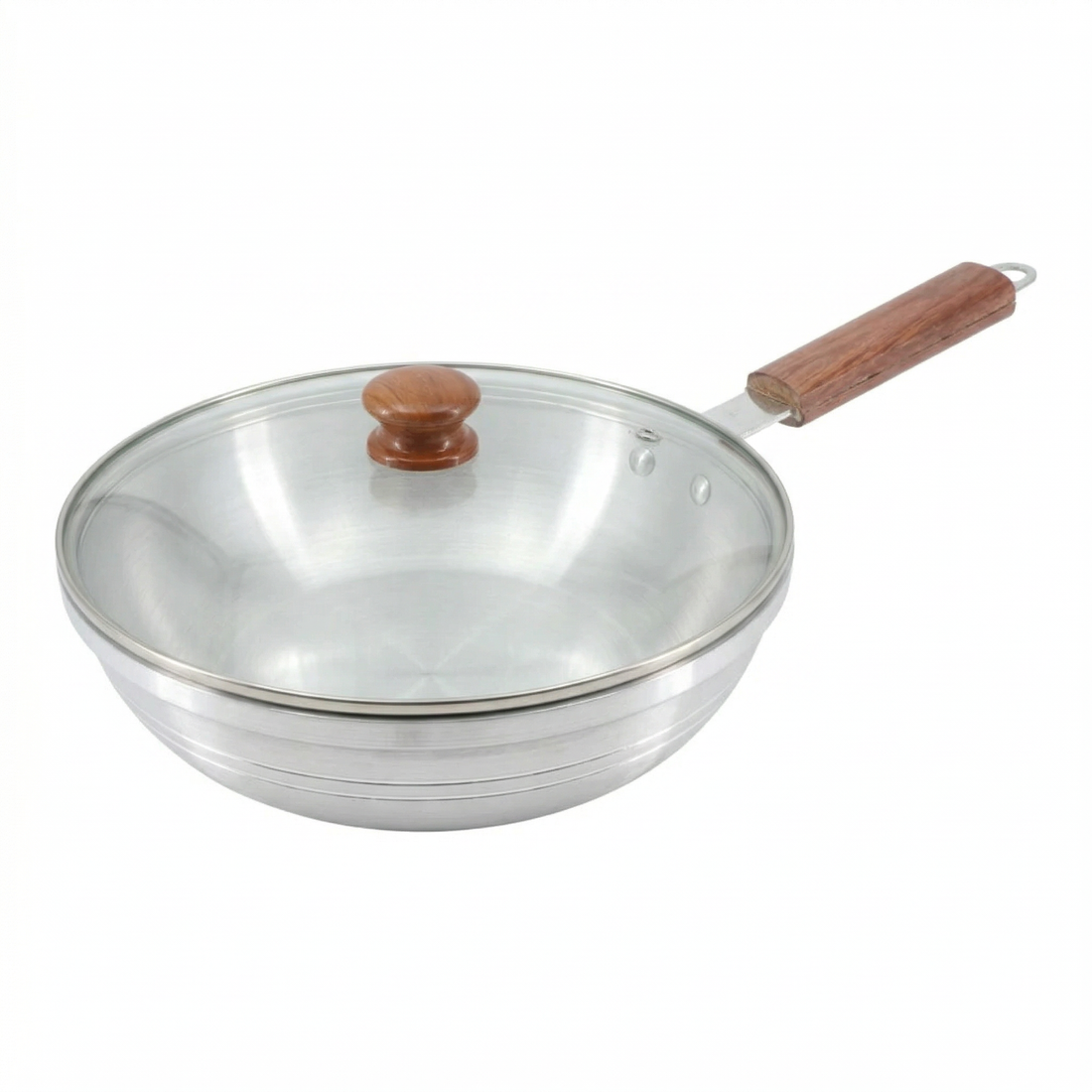 Aluminum Frying Pan with Glass Lid & Wooden Handle - 9.5''