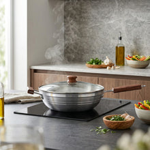 Aluminum Frying Pan with Glass Lid & Wooden Handle - 9.5''