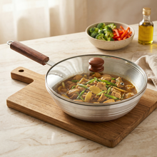 Aluminum Frying Pan with Glass Lid & Wooden Handle - 9.5''