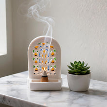 Artisanal Ceramic Card Holder with Arabesque Arch Pattern