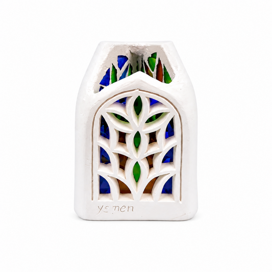 Decorative Yemeni Tabletop Ornament – Medium White Architectural Accent with Blue & Green Details, 4.5 in