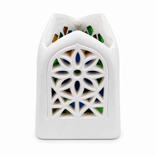 Large Decorative Yemeni Tabletop Ornament – White Architectural Accent with Geometric Cutout Design & Multicolor Details, 5.75"